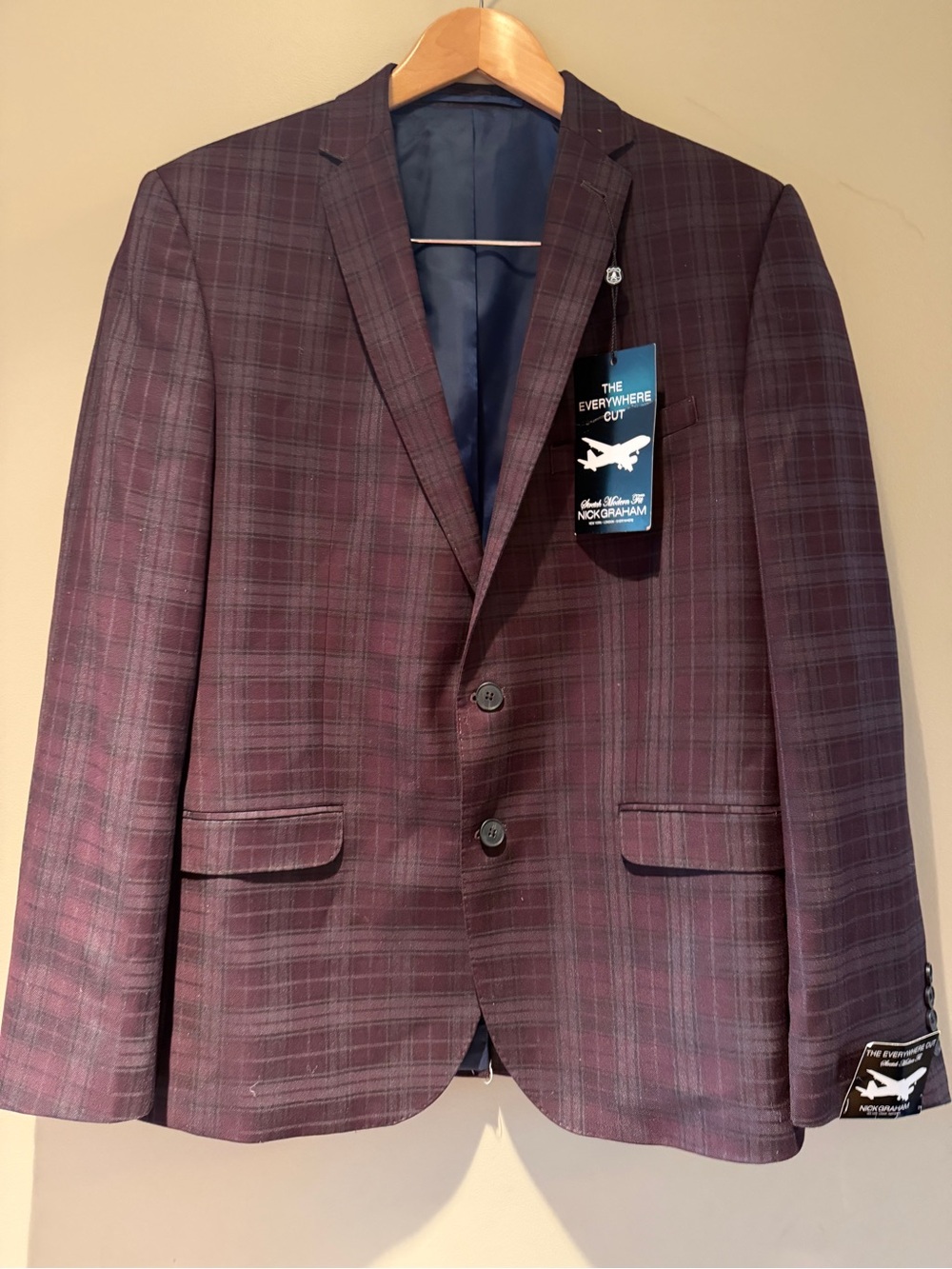 Nick Graham Men’s Burgundy Plaid Two-Button Sport Coat 42R NWT Blazer